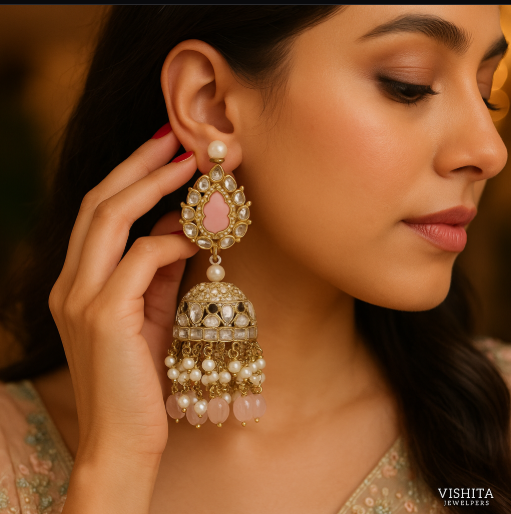 Heritage Charm Pink Stone Jhumkis