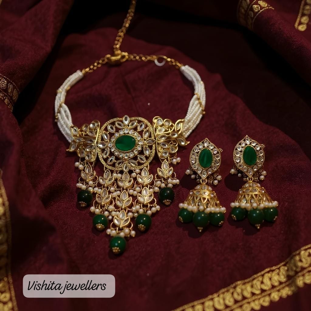 Royal Emerald Kundan Choker Necklace Set with Jhumka