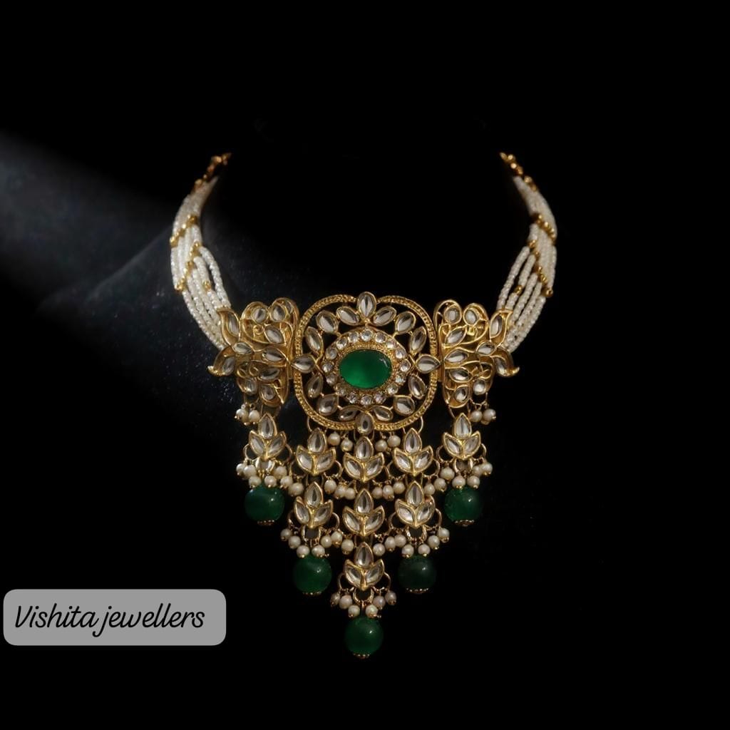 Royal Emerald Kundan Choker Necklace Set with Jhumka