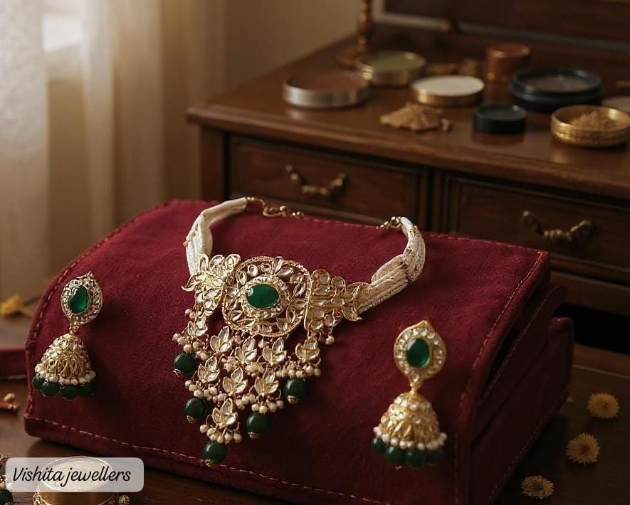 Royal Emerald Kundan Choker Necklace Set with Jhumka